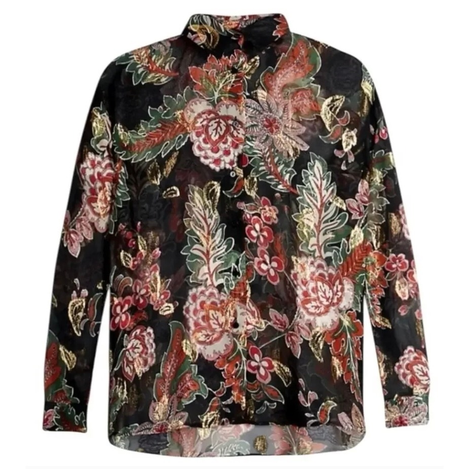 The Kooples Floral Metallic Sheer Blouse Long Sleeve Top Size 2, Medium Nwt